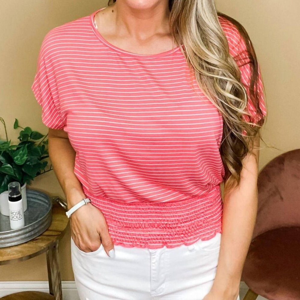 🎉 4 for $25 🎉STACCATO Smocked Bottom Striped Blouse Pink/White Size Medium NWT